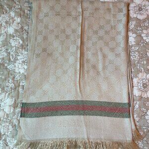 Large Scarf Logo Pattern Beige with green and red stripe 26"x 75"